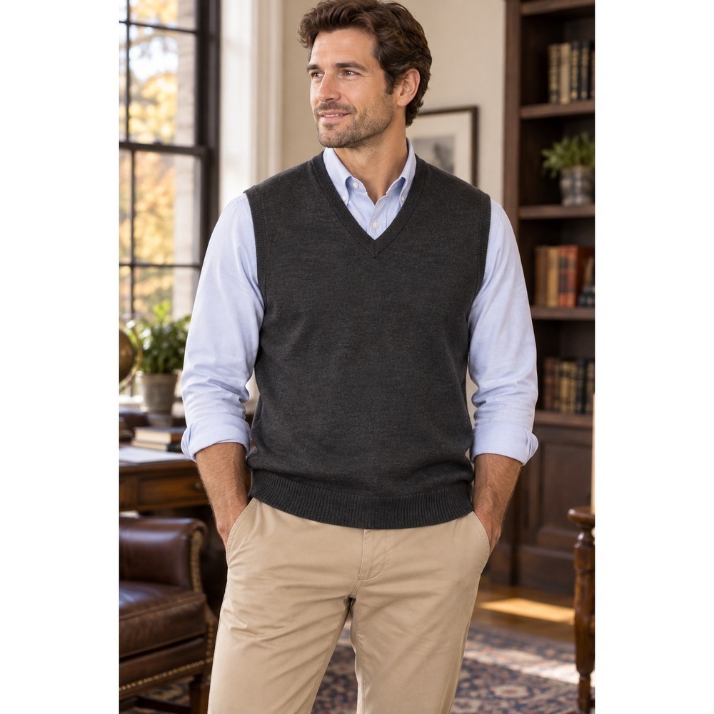 J.Crew 100% Merino Wool Sweater Vest Mens L Charcoal V Neck Preppy Workwear
